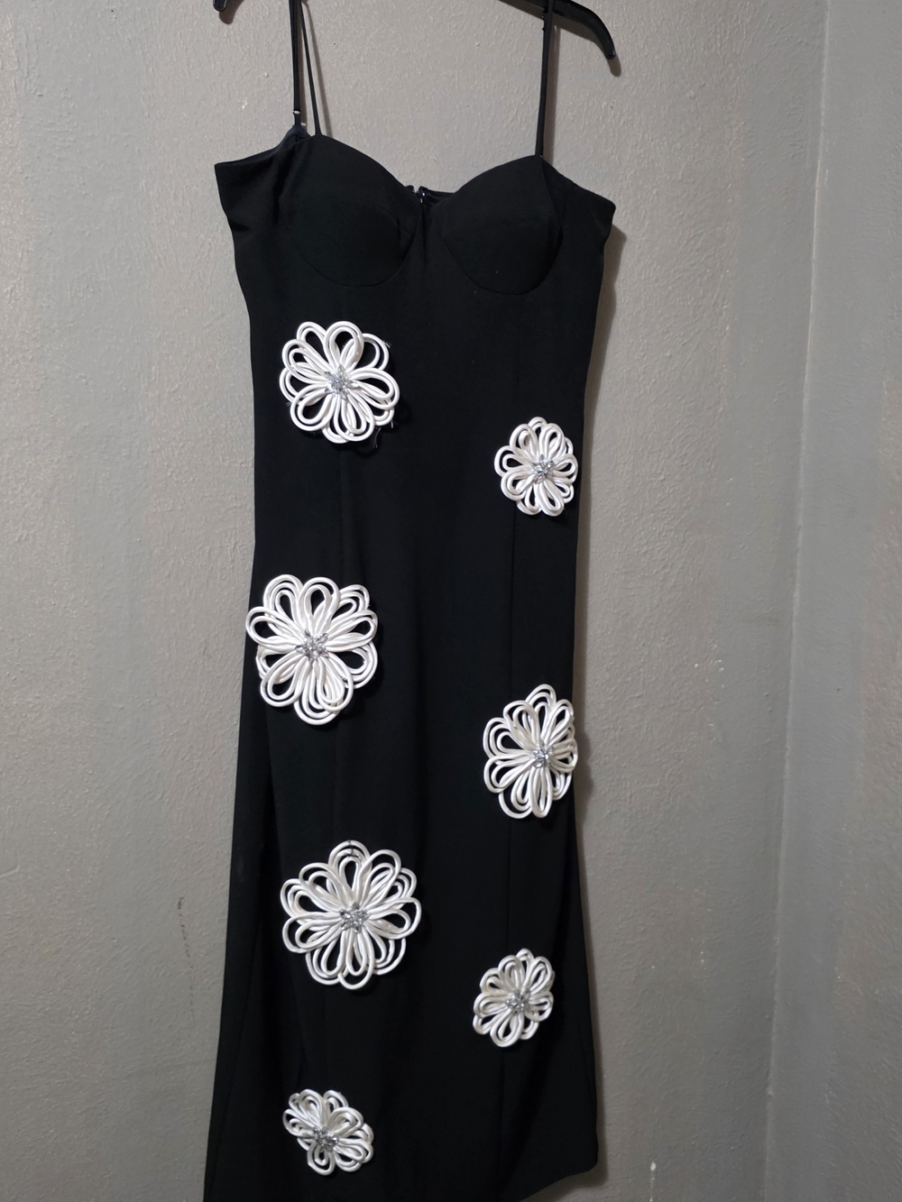 ANTONIO MELANI Black Strapless Dress with White Floral Appliqués